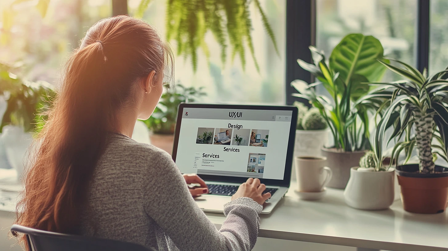 Una Mujer buscando en internet un Servicio Diseño UXUI Una Mujer buscando en internet un Servicio Diseño UXUI