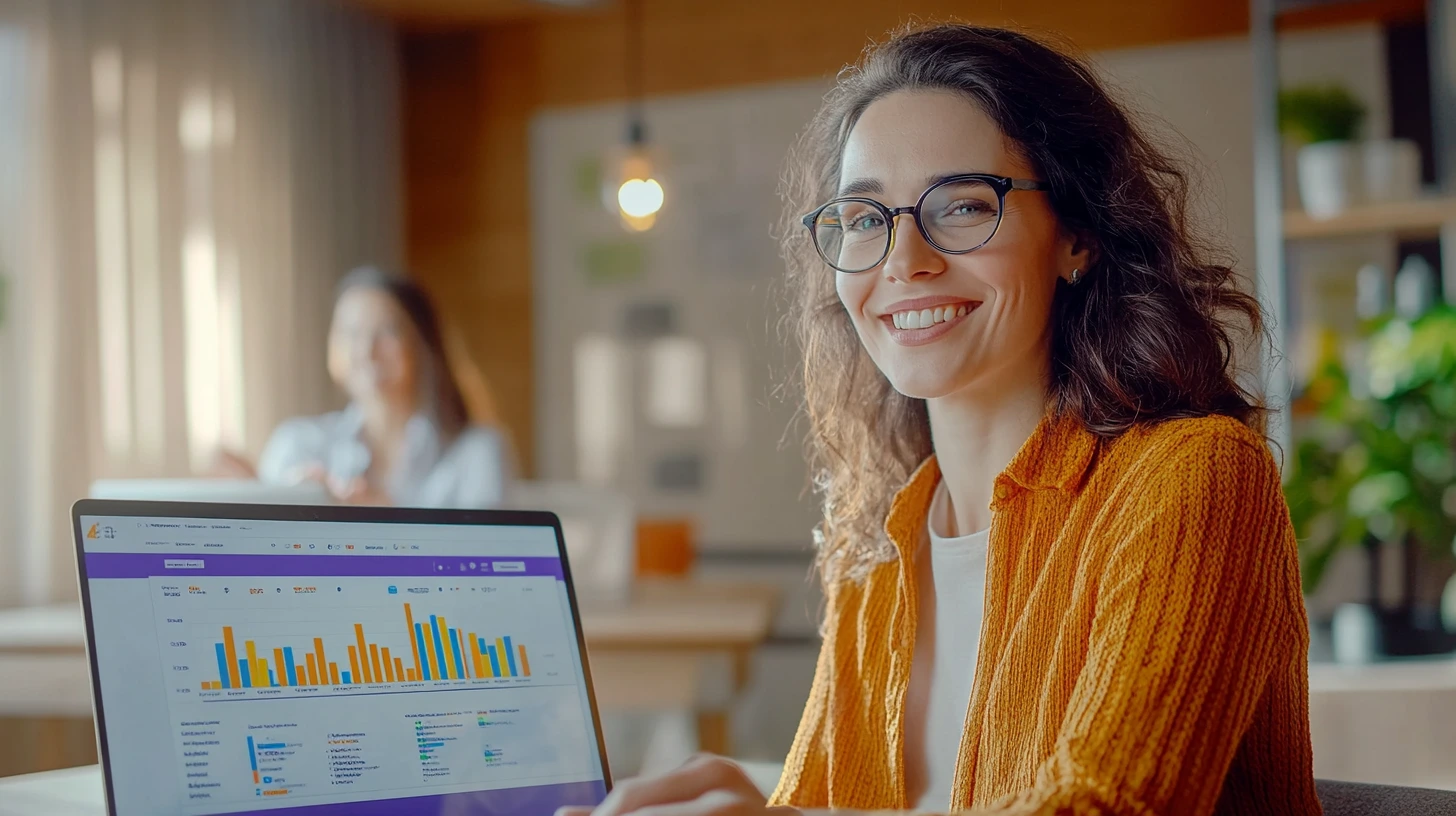 Mujer Sonriendo al ver los resultados de contratar un servicio de contenido SEO - Pixel Code Solutions Mujer Sonriendo al ver los resultados de contratar un servicio de contenido SEO - Pixel Code Solutions